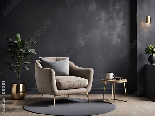Living room in dark gray and beige, Minimalist style with empty black microcement wall, beige taupe ivory accent chair, golden lamp, modern reception lounge, 3D render © Five Million Stocks