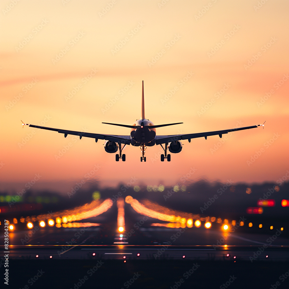 Airplane landing under runway lights Airplane landing under runway lights