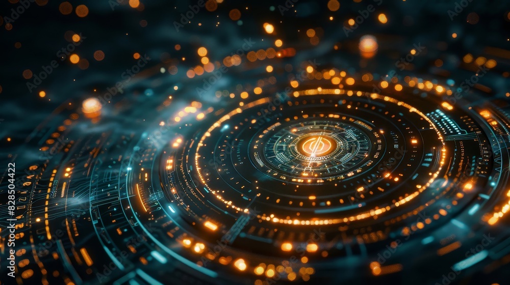 Futuristic digital technology interface with glowing concentric circles, depicting advanced data visualization and innovation in a cybernetic realm. Futuristic digital technology interface with glowing concentric circles, depicting advanced data visualization and innovation in a cybernetic realm.