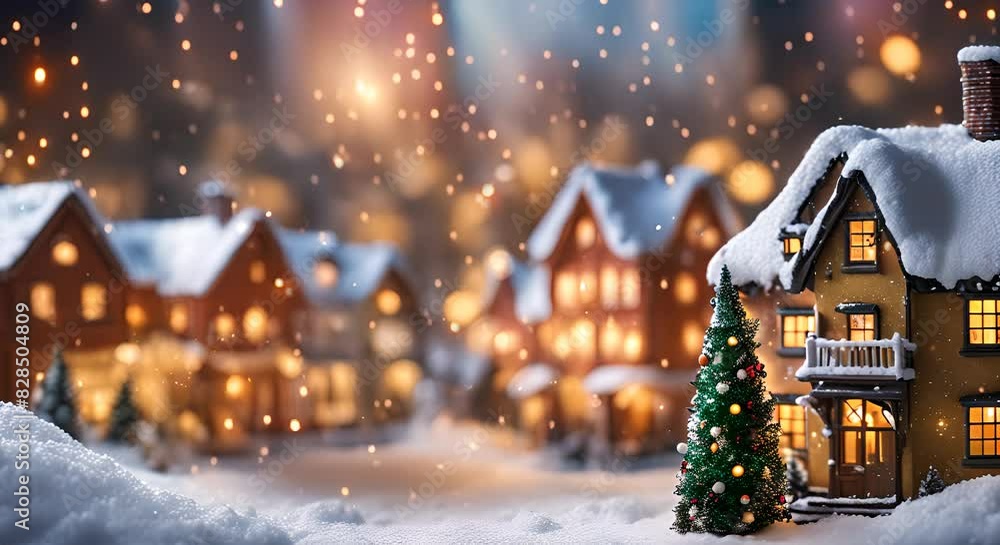 Miniature Christmas village houses and snowfall Miniature Christmas village houses and snowfall