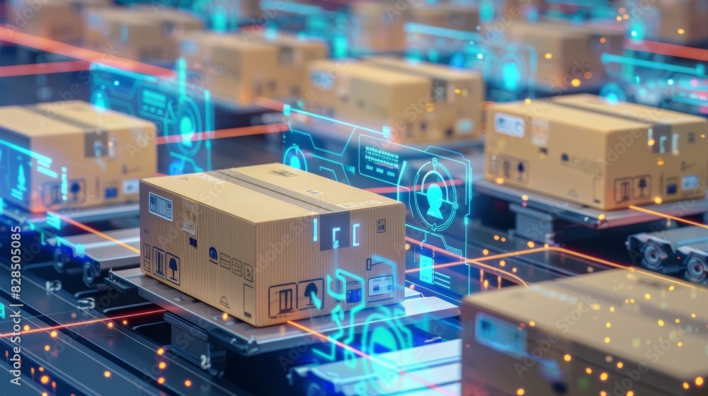 Smart warehouse management system using augmented reality technology to identify package picking and delivery . Future concept of supply chain and logistic business