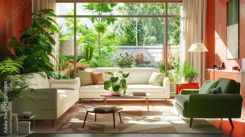 Living room with mid-century modern furniture  green houseplants  and white sofas  highlighted by a large window with a garden view.
