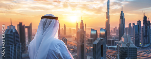  An Arab man in a white kandura looking at a modern city skyline with skyscrapers during sunset. A business and lifestyle concept.