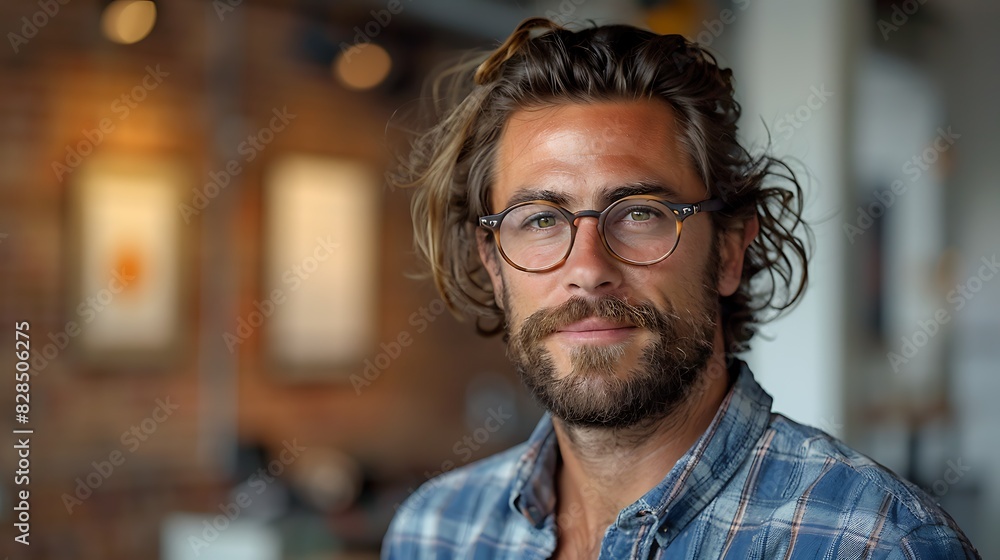A stylish man with glasses and a beard poses confidently in a casual setting with a blurred background. A stylish man with glasses and a beard poses confidently in a casual setting with a blurred background.