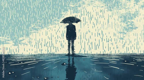 A man is standing in the rain with an umbrella. Concept of loneliness and isolation, as the man is alone in the rain. The raindrops on the umbrella and the wet ground create a melancholic atmosphere