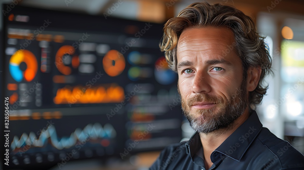 A confident businessman with a slight smile poses in front of a computer screen displaying data charts and graphs. A confident businessman with a slight smile poses in front of a computer screen displaying data charts and graphs.