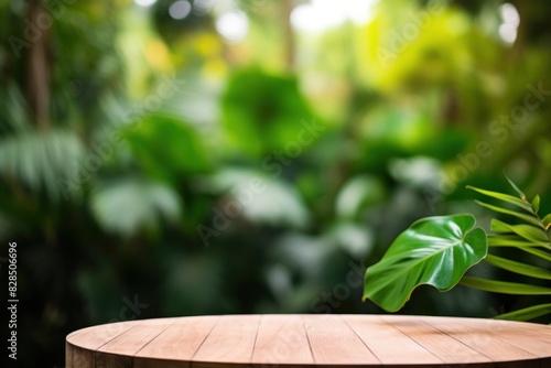 trade display stand wooden stand on outdoor table Green monstera, tropical forest plants, nature background
