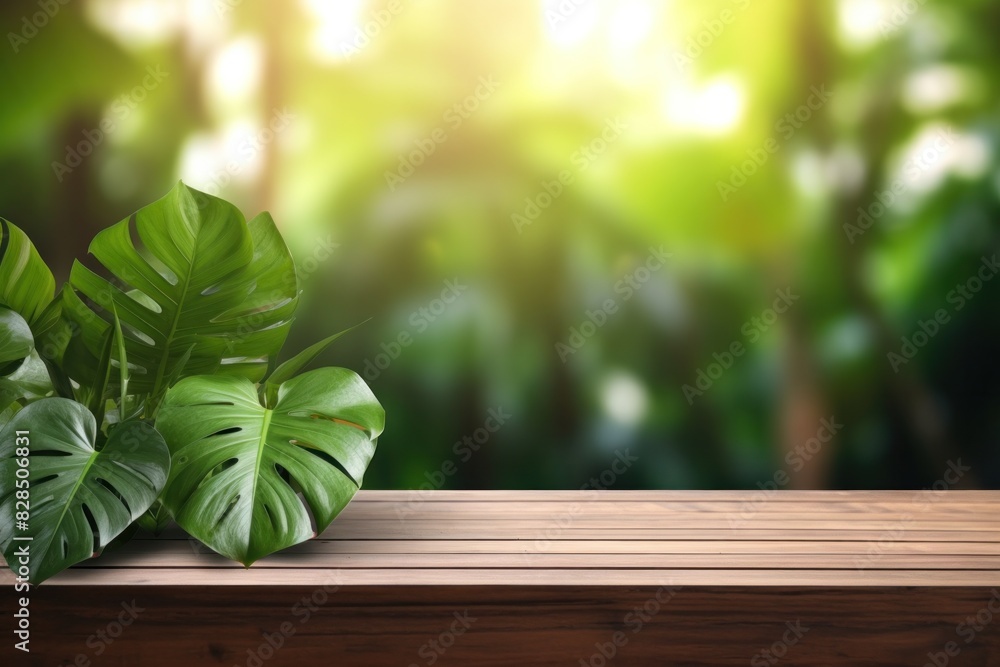 trade display stand wooden stand on outdoor table Green monstera, tropical forest plants, nature background trade display stand wooden stand on outdoor table Green monstera, tropical forest plants, nature background