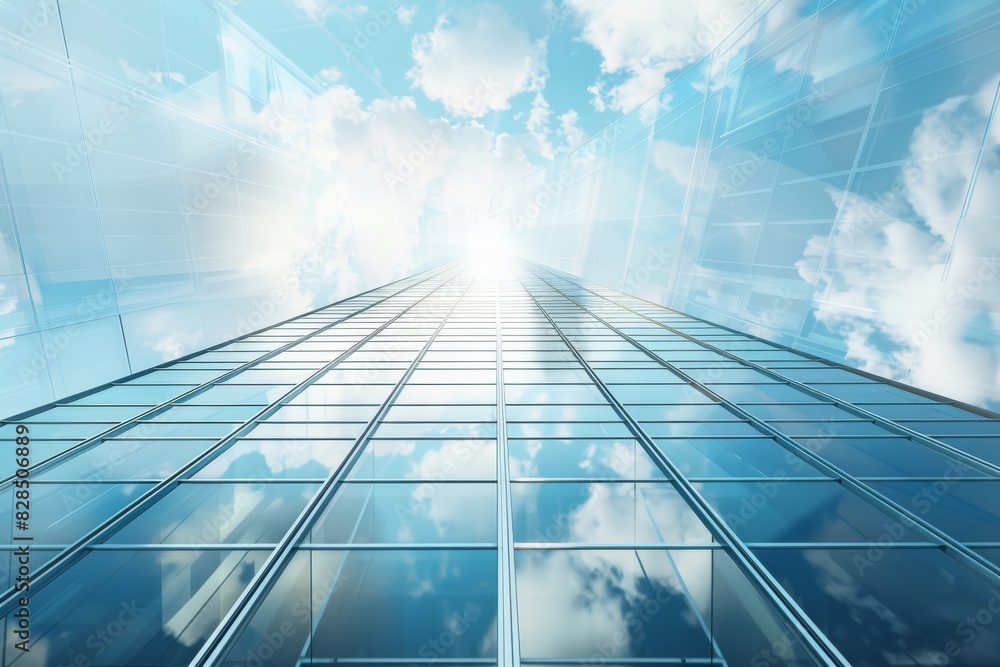 View of glass building on blue sky background Business concept of future architecture looking up to the light on the top of building. 3d rendering. View of glass building on blue sky background Business concept of future architecture looking up to the light on the top of building. 3d rendering.