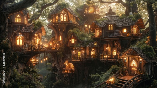 Magical treehouse village illuminated at night with glowing lights. Enchanting woodland community immersed in nature. photo