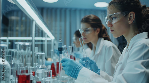 female researcher conducting scientific research in laboratory photo