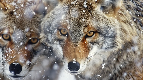 Two close-up foxes with wintry snowflakes caught in their fur staring intently at the viewer