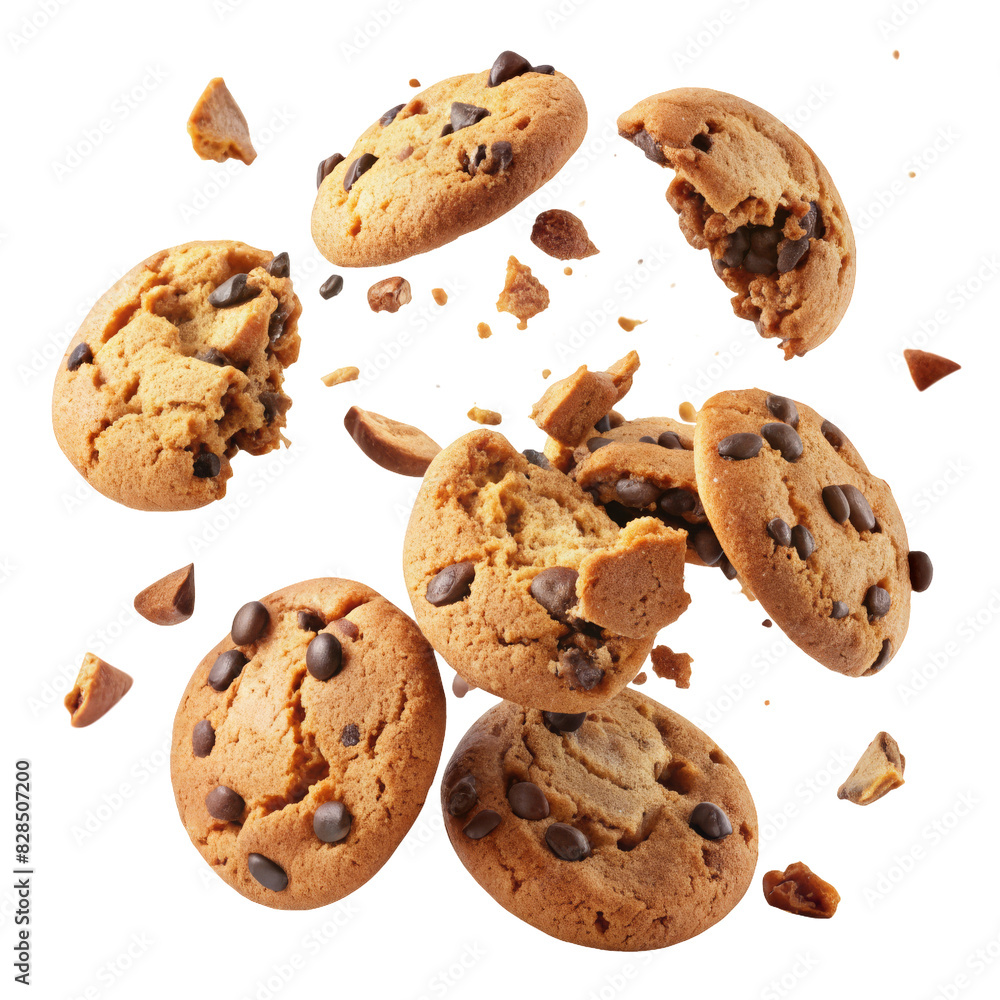 chocolate chip cookies shattered in the air