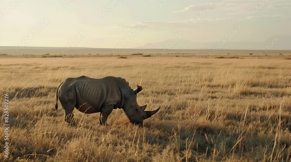 Obraz premium A solitary rhinoceros grazes in a vast savanna during golden hour, embodying the serenity of wild nature. 