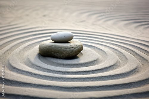 Zen stones in the sand  streaks of sand  circular waves