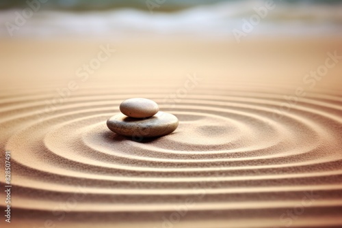 Zen stones in the sand  streaks of sand  circular waves