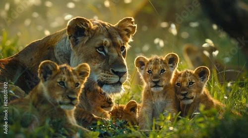 A lioness and her three cubs bask in the golden light of the savanna at dusk 