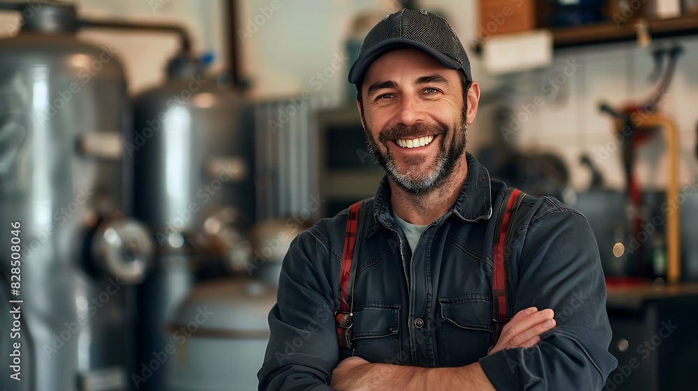 A cheerful male brewer with a beard smiling confidently at a brewery setup in the background. A cheerful male brewer with a beard smiling confidently at a brewery setup in the background.