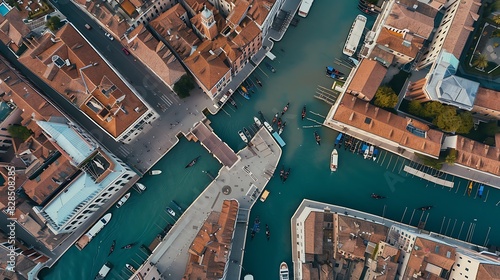 Fototapeta Naklejka Na Ścianę i Meble -  Aerial view of Venice canals with historical buildings and boats captured during the daytime 