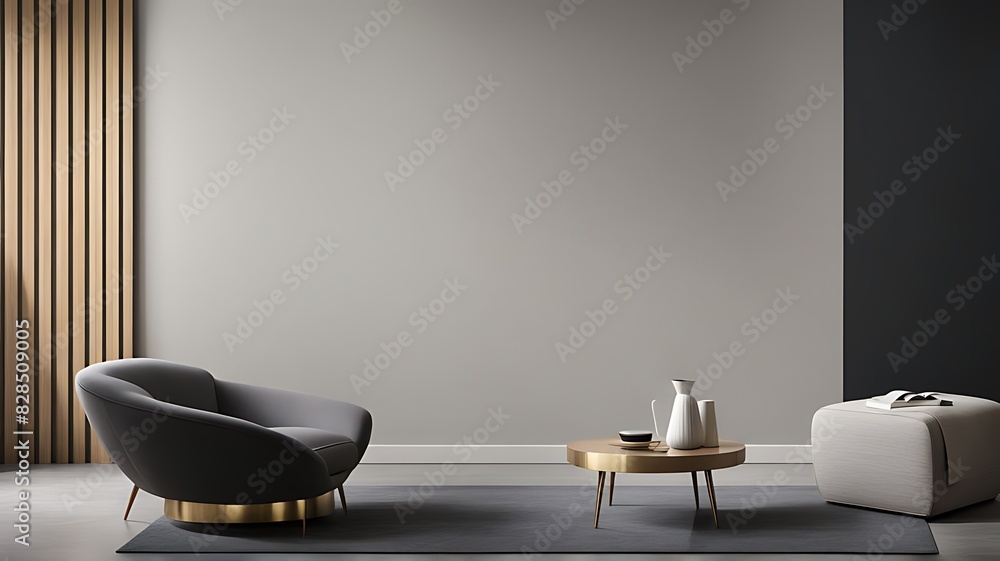 Living room in dark gray and beige, Minimalist style with empty black microcement wall, beige taupe ivory accent chair, golden lamp, modern reception lounge, 3D render Living room in dark gray and beige, Minimalist style with empty black microcement wall, beige taupe ivory accent chair, golden lamp, modern reception lounge, 3D render