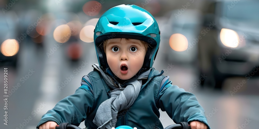 Astonished child with wide eyes rides tricycle on a bustling street. Concept Street photography, Child on tricycle, Expressive facial expressions, Urban lifestyle, Everyday moments Astonished child with wide eyes rides tricycle on a bustling street. Concept Street photography, Child on tricycle, Expressive facial expressions, Urban lifestyle, Everyday moments