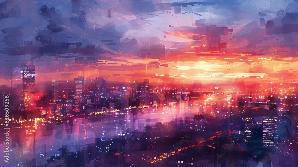 Stunning abstract cityscape with vibrant colors and a mesmerizing sunset over the skyline, blending art and urban scenery. Stunning abstract cityscape with vibrant colors and a mesmerizing sunset over the skyline, blending art and urban scenery.