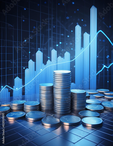 3D coin background with a blue finance graph and investment bar, showcasing growth