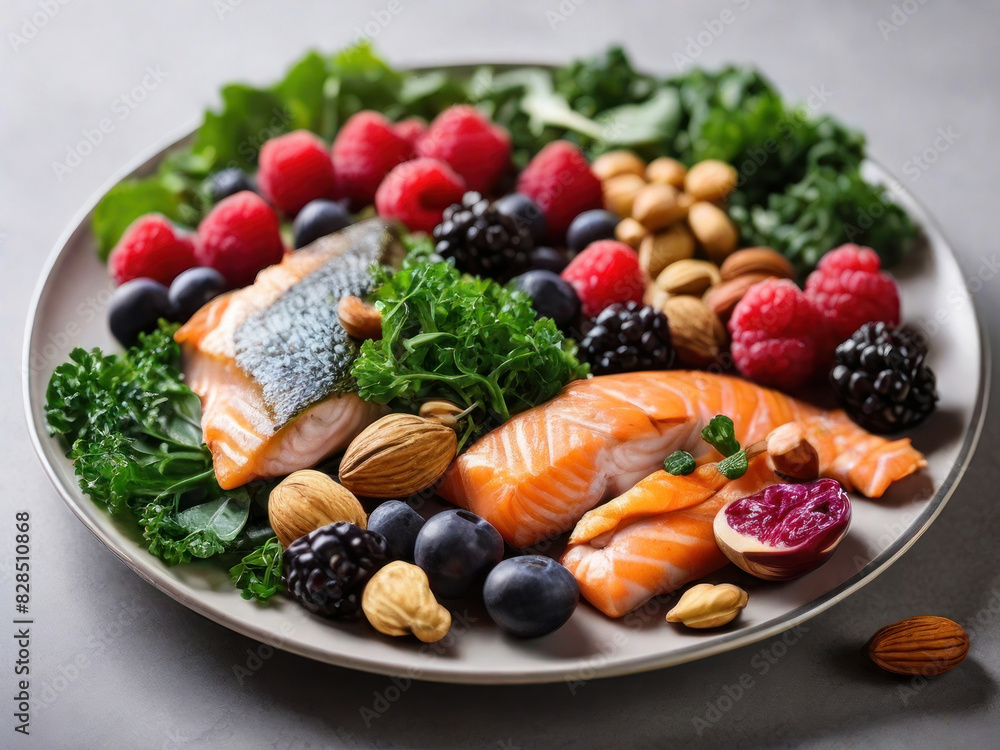 A plate filled with kidney-friendly foods, such as leafy greens, berries, fish, and nuts, highlighting the role of nutrition in maintaining kidney health. with Generative AI Technology A plate filled with kidney-friendly foods, such as leafy greens, berries, fish, and nuts, highlighting the role of nutrition in maintaining kidney health. with Generative AI Technology