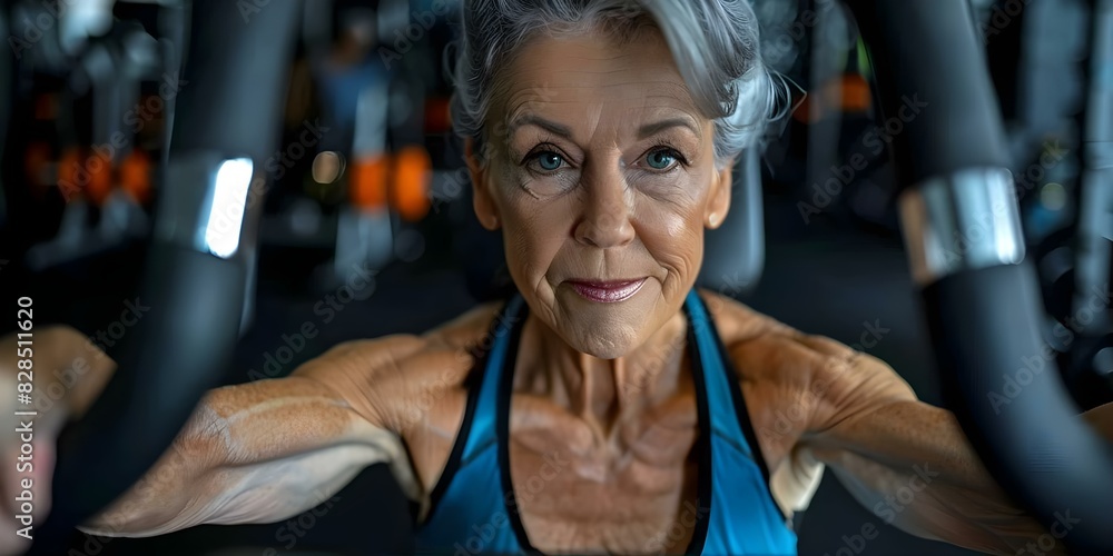 Obraz premium Elderly woman in gym showcasing strength and fitness. Concept Health & Fitness, Elderly, Gym Photoshoot, Strength Training, Active Aging