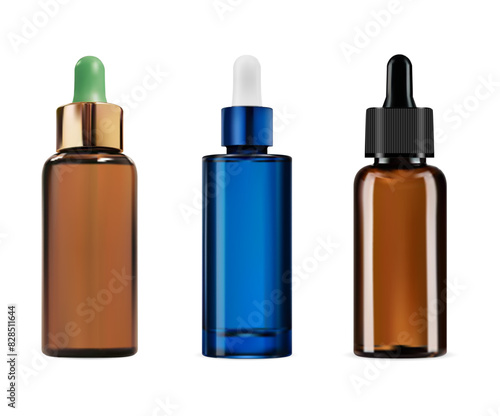 Dropper bottle vector illustration. Liquid collagen container with eyedropper. chemical laboratory or pharmacy flacon design. Skin care aromatherapy and hygiene package