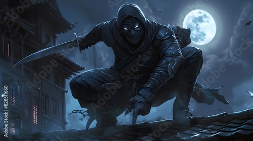 Wallpaper Mural  A sleek, masked assassin, dressed in all black, poised on a rooftop under the moonlight, with a gleaming knife in hand and a cold, calculating look in their eyes. Torontodigital.ca