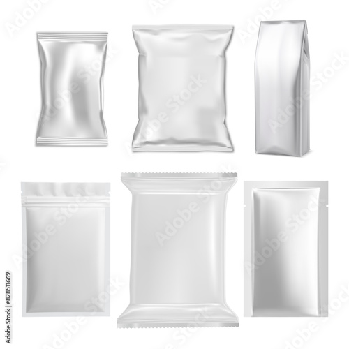 Plastic bag blank. Food snack packet vector template. Chocolate and cookie polythene disposable packaging, illustration for merchandise. Small and slim wet napkin envelope package