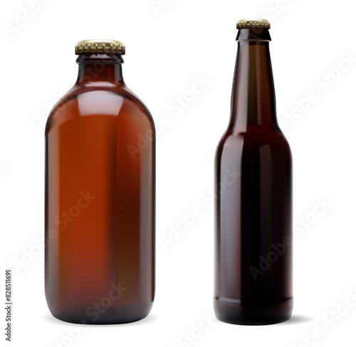 Brown beer bottle vector template. Craft brewery package collection. Transparent pub beer container, shiny food package, refreshment drunk. Brown glass bottle for label and design