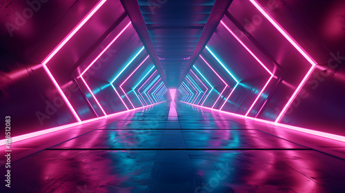 3d render glowing lines tunnel neon lights, Futuristic corridor illuminated by vibrant pink and blue neon lights extends into the distance