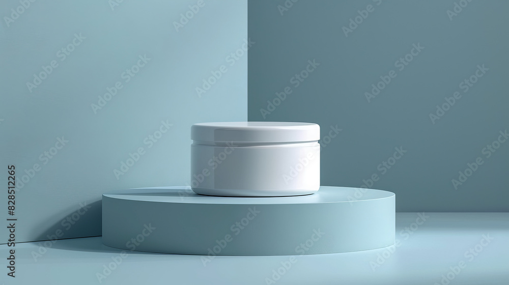 A white jar is sitting on a blue pedestal A white jar is sitting on a blue pedestal