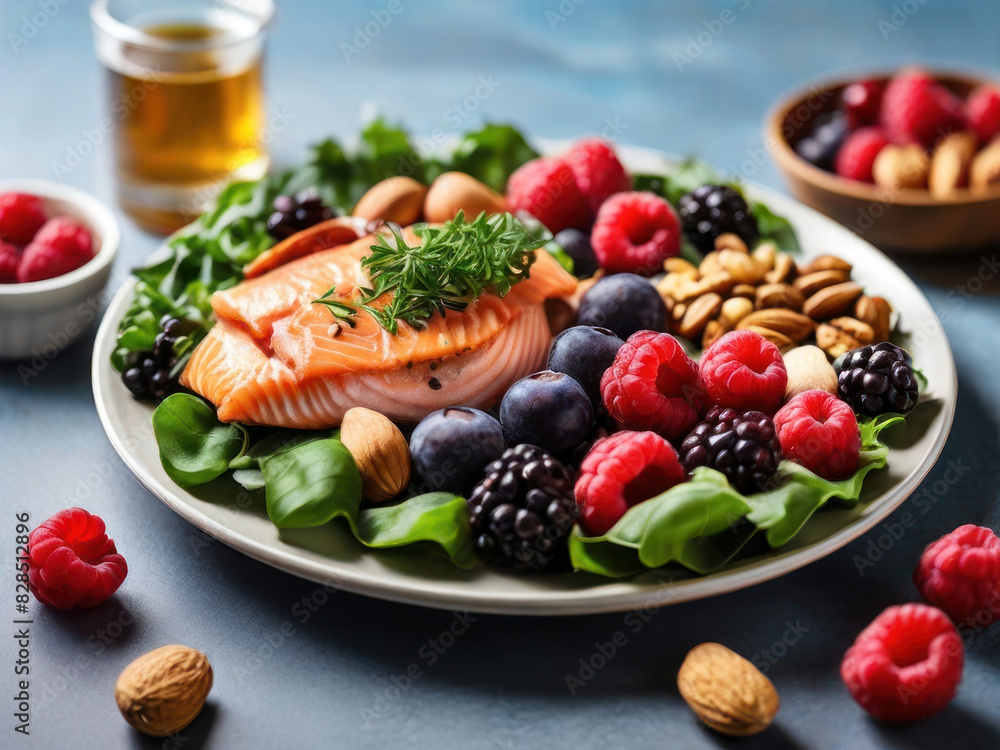 A plate filled with kidney-friendly foods, such as leafy greens, berries, fish, and nuts, highlighting the role of nutrition in maintaining kidney health. with Generative AI Technology A plate filled with kidney-friendly foods, such as leafy greens, berries, fish, and nuts, highlighting the role of nutrition in maintaining kidney health. with Generative AI Technology