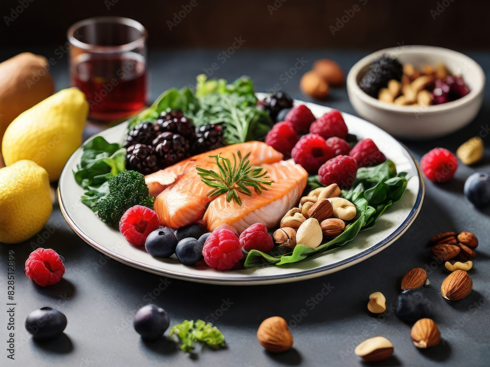 A plate filled with kidney-friendly foods, such as leafy greens, berries, fish, and nuts, highlighting the role of nutrition in maintaining kidney health. with Generative AI Technology A plate filled with kidney-friendly foods, such as leafy greens, berries, fish, and nuts, highlighting the role of nutrition in maintaining kidney health. with Generative AI Technology