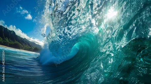 A photo of the most beautiful wave in Hawaii taken from inside, the water is so blue and turquoise that each detail on its surface can be made out, it's so perfect, clean and smooth that I had to back