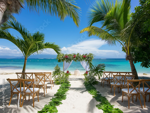 Tropical beach ceremony  turquoise waters  white sand aisle lined with palm leaves