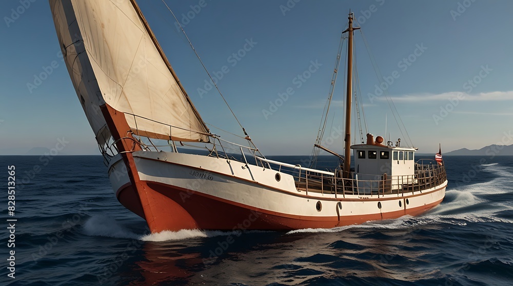 Fototapeta premium shows a large old-time sailing ship with the sails unfurled,