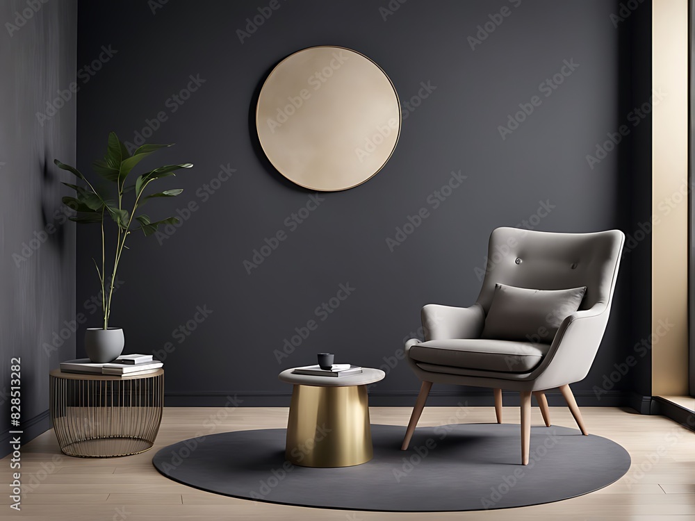 Living room in dark gray and beige, Minimalist style with empty black microcement wall, beige taupe ivory accent chair, golden lamp, modern reception lounge, 3D render Living room in dark gray and beige, Minimalist style with empty black microcement wall, beige taupe ivory accent chair, golden lamp, modern reception lounge, 3D render
