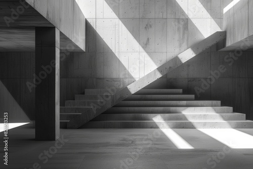 Abstract 3d rendering of empty concrete space with light and shadow on the stair structure Futuristic architecture. 