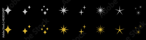 Collection of silver and golden sparkle stars for holidays isolated on background - Set of cool sparkling stars with shiny effect for elegant card decorations - Vector icons of silver and gold sparkle