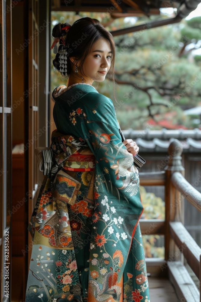 A woman wearing a kimono standing in a traditional Japanese house