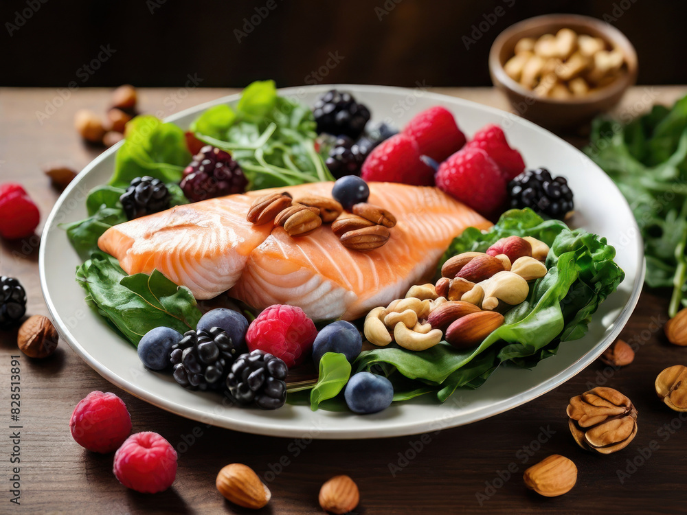 A plate filled with kidney-friendly foods, such as leafy greens, berries, fish, and nuts, highlighting the role of nutrition in maintaining kidney health. with Generative AI Technology A plate filled with kidney-friendly foods, such as leafy greens, berries, fish, and nuts, highlighting the role of nutrition in maintaining kidney health. with Generative AI Technology