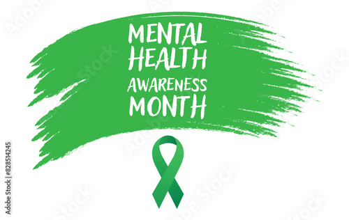 Vector May Mental Health Awareness Month banner with white type over a green paintbrush stroke