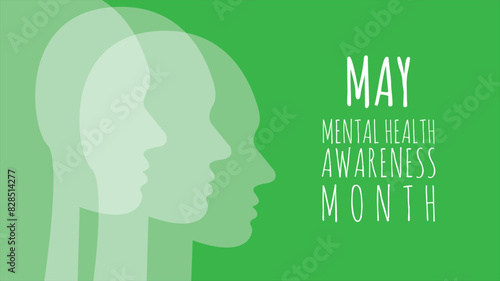 Vector May Mental Health Awareness Month icon or banner with three profiles of human head