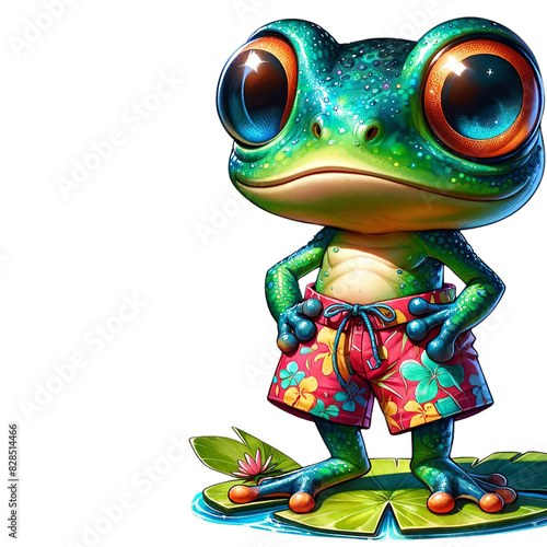 Colorful cartoon frog wearing red shorts with a tropical theme, standing confidently on a lily pad.