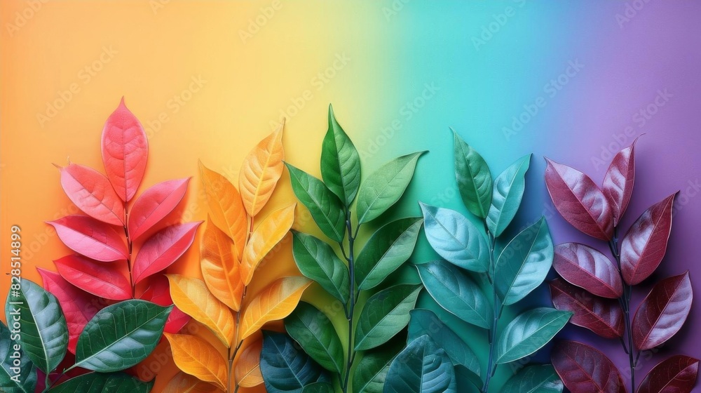 Fototapeta premium Vibrant leaf branches in rainbow colors arranged on a gradient background