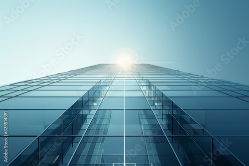 View of high rise glass building and dark steel window system on blue clear sky background Business concept of future architecture looking up to the sun light on the top of building. 3d render 